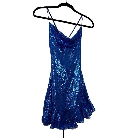 Lucy In The Sky Sequined Cowl Neck Lace Up Back Ruffle Hem Mini Dress Blue XS - Picture 2 of 6